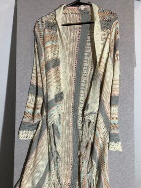 Boho Fringe Cardigan Open-Front Crochet Sweater - Cream, Gray & Pastel Stripe